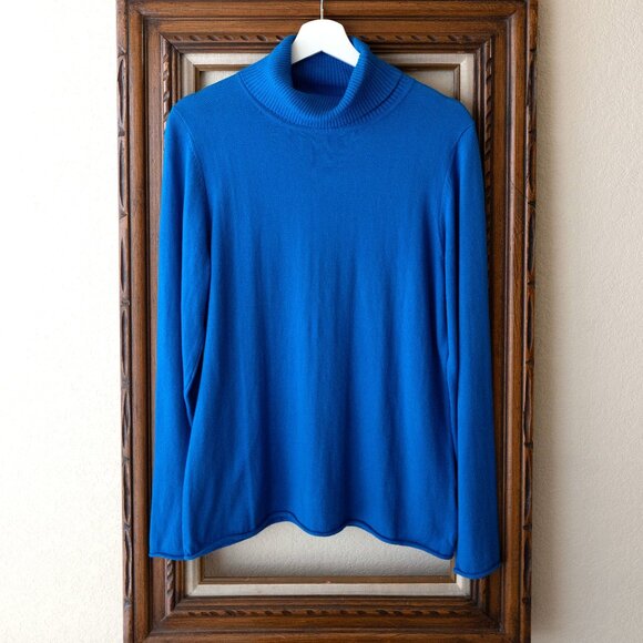 JCP Cashmere Blend Size Large Blue Rolled Hem Long Sleeve Turtleneck Sweater - Picture 1 of 6